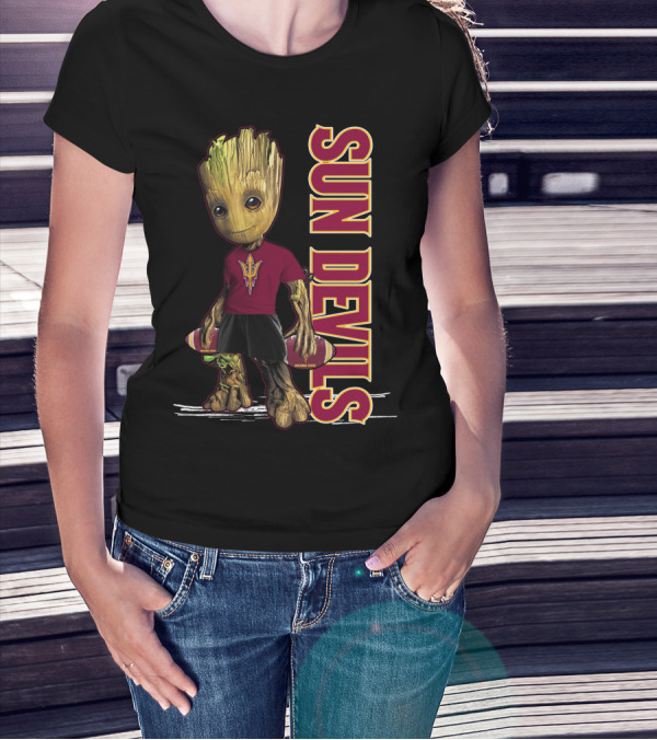 Groot Sun Devils Football Character In Maroon And Gold Team T-Shirt