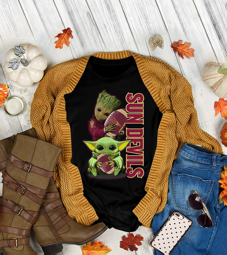 Grzd Sun Devils Football Groot and Baby Yoda Fan T-Shirt