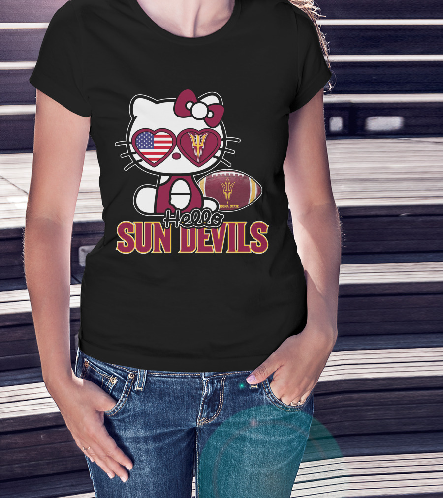 Hello Kitty Arizona State Sun Devils Football USA Heart Glasses T-Shirt