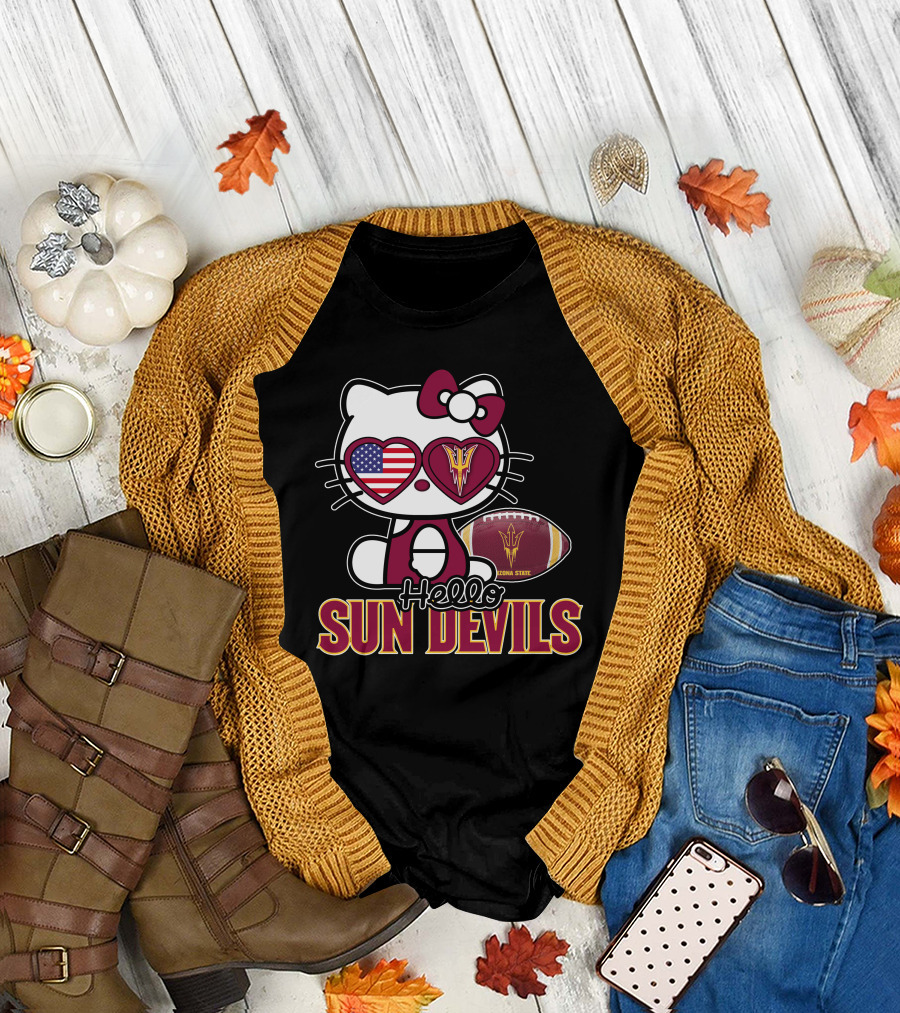 Hello Kitty Arizona State Sun Devils Football USA Heart Glasses T-Shirt