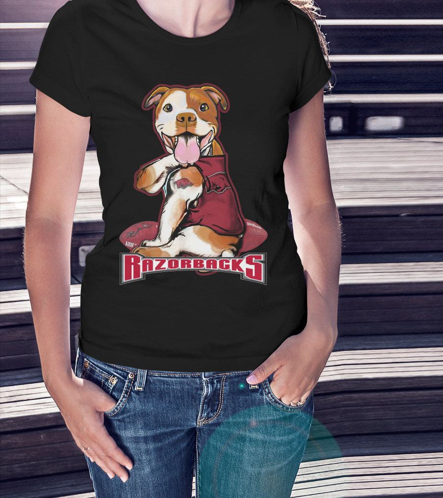 Razorbacks Pittbull Dog With Arkansas Football T-Shirt