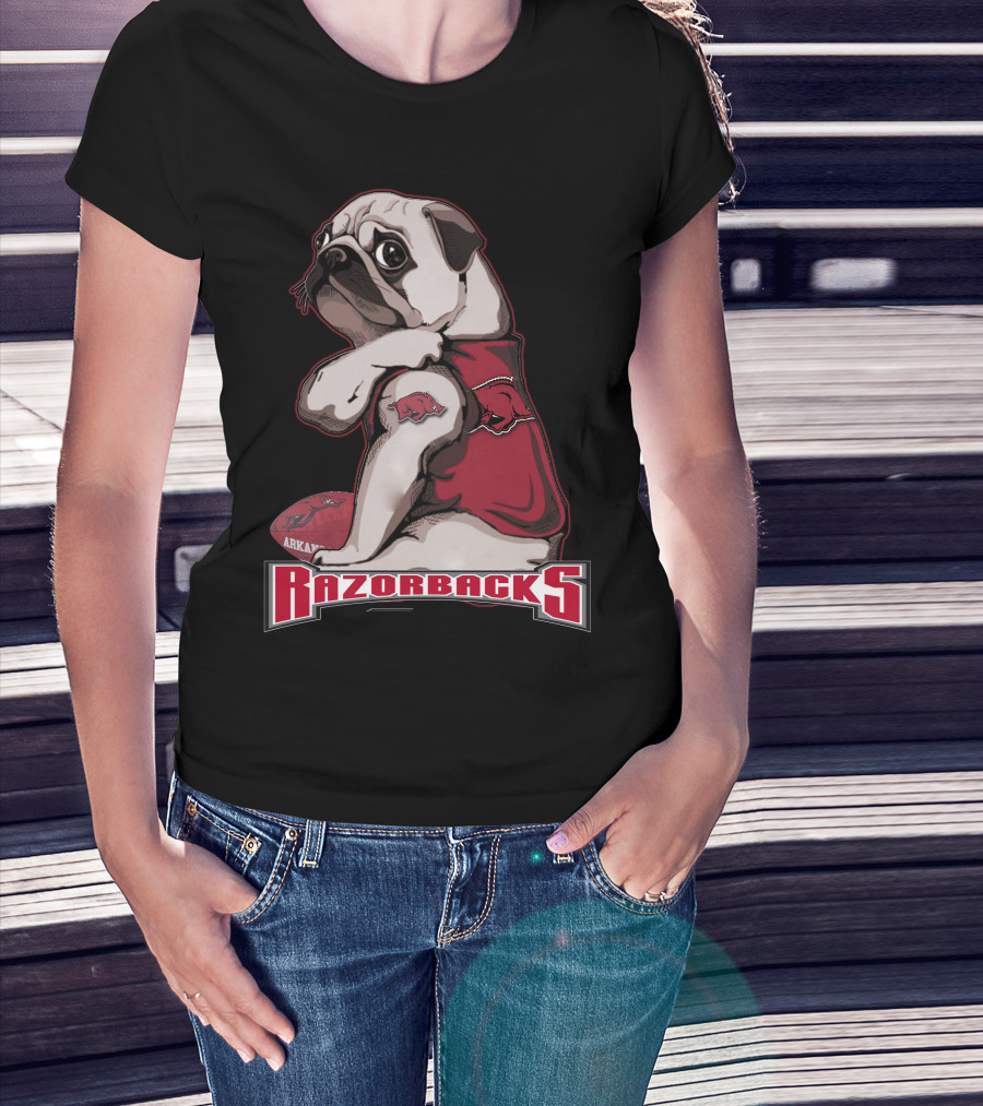 Pug Wearing Arkansas Razorbacks Football Gear T-Shirt
