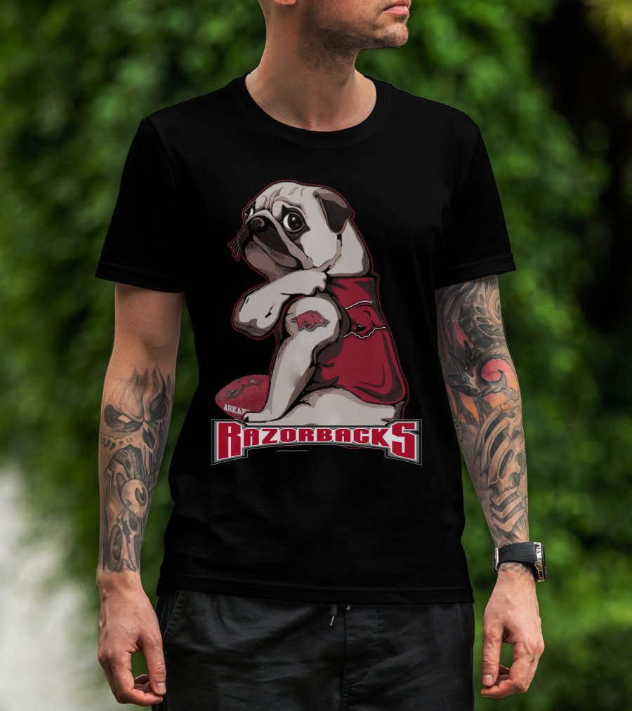 Pug Wearing Arkansas Razorbacks Football Gear T-Shirt