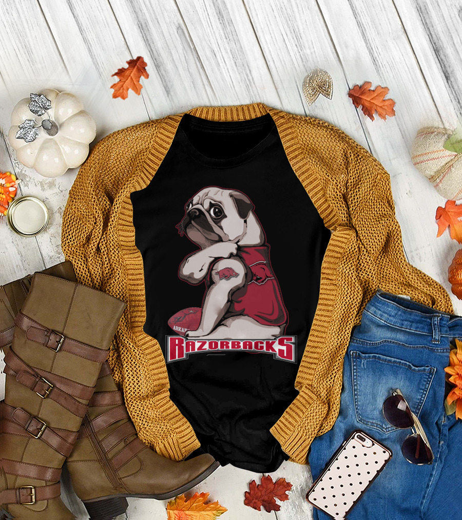 Pug Wearing Arkansas Razorbacks Football Gear T-Shirt