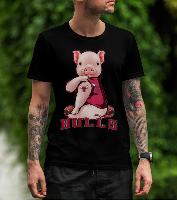 Pig With Chicago Bulls Logo On Jersey And Bulls Emblem T-Shirt