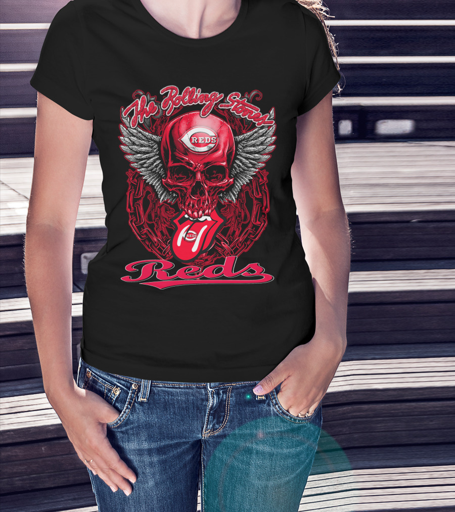 The Rolling Stones Reds Skull Wings Logo Baseball Cincinnati T-Shirt