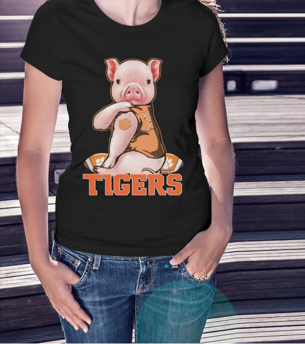 Pig Wearing Clemson Tigers Jersey Football Motif T-Shirt