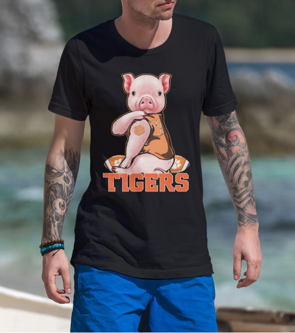 Pig Wearing Clemson Tigers Jersey Football Motif T-Shirt