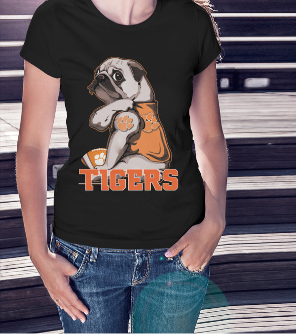 Pug Wearing Clemson Tigers Jersey With Paw Prints Football T-Shirt