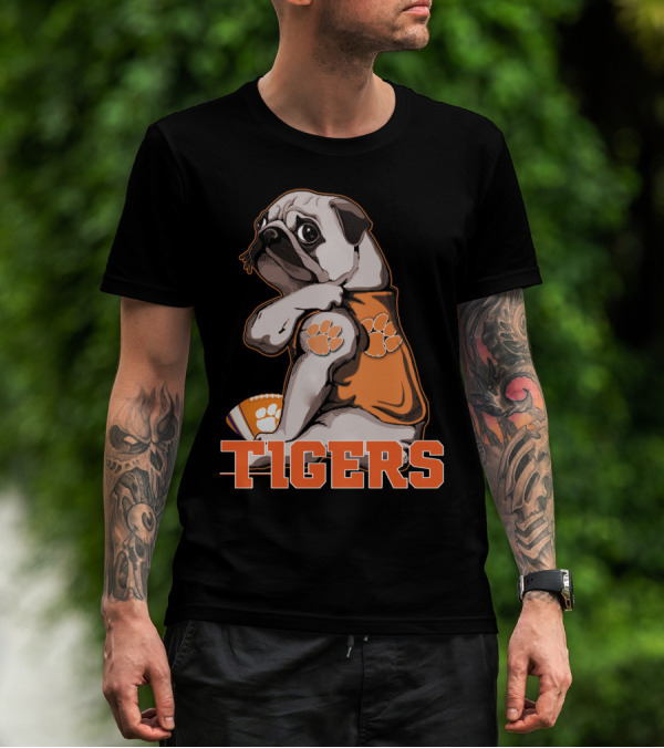 Pug Wearing Clemson Tigers Jersey With Paw Prints Football T-Shirt