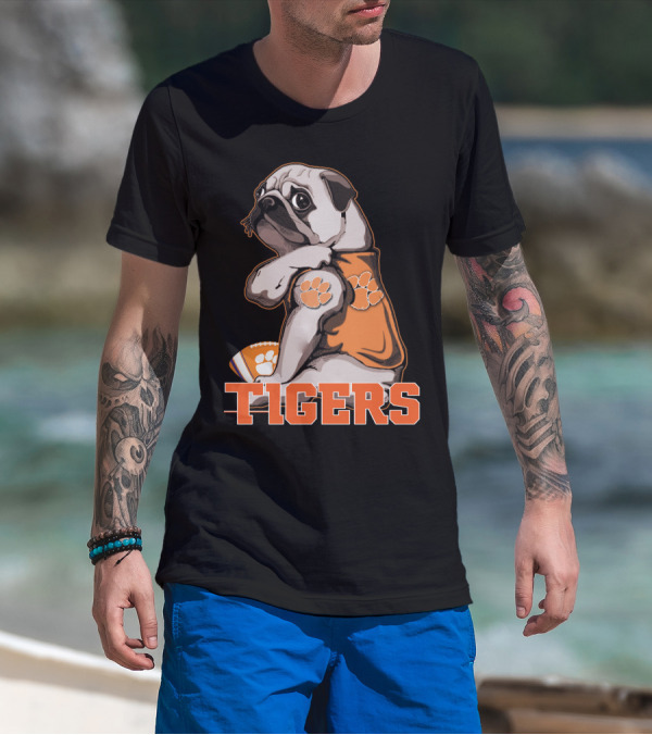 Pug Wearing Clemson Tigers Jersey With Paw Prints Football T-Shirt