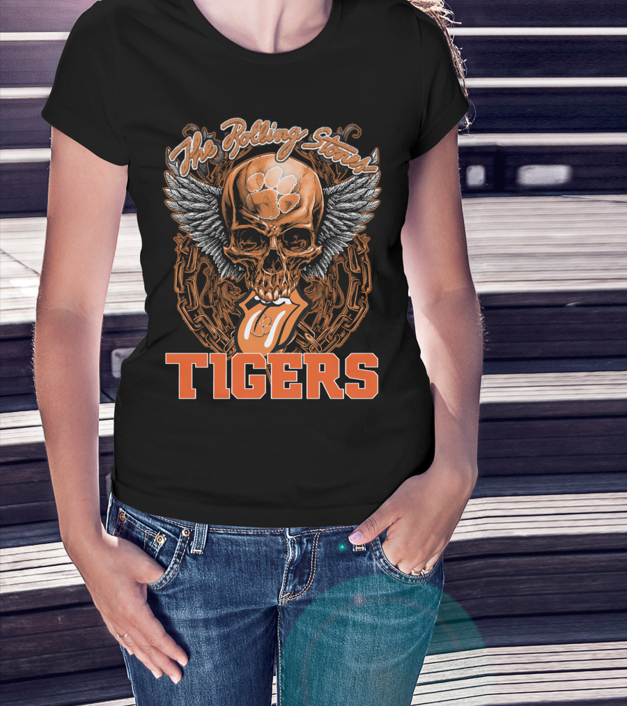 The Rolling Stones Skull With Clemson Tigers Paw And Wings T-Shirt