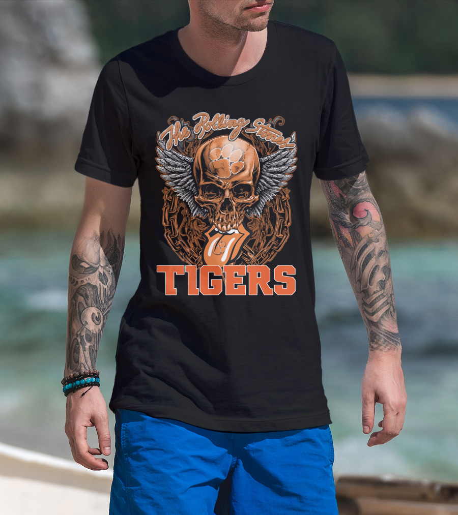 The Rolling Stones Skull With Clemson Tigers Paw And Wings T-Shirt
