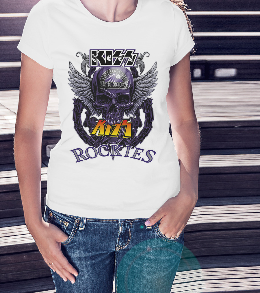 Kiss Colorado Rockies Skull Wings Logo Fusion T-Shirt