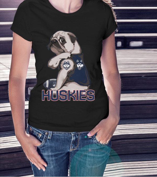 Pug With Connecticut Huskies Logo And Football T-Shirt