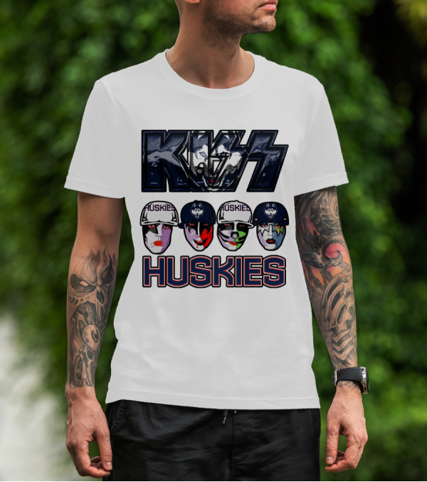 Kiss Band Style Logo With Connecticut Huskies Faces And Hats T-Shirt