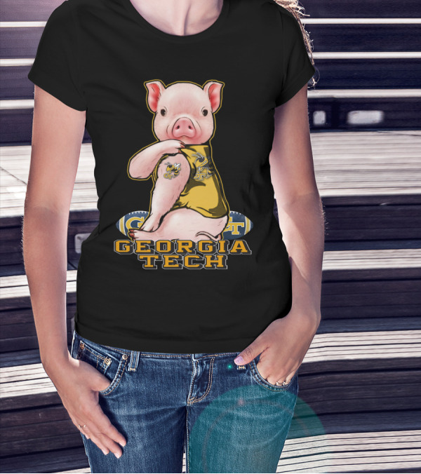 Pig Wearing Georgia Tech Yellow Jackets Mascot Jersey T-Shirt