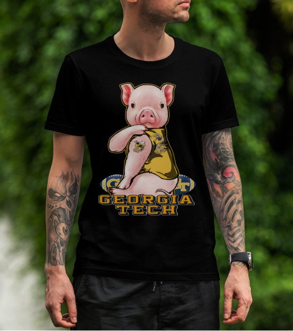 Pig Wearing Georgia Tech Yellow Jackets Mascot Jersey T-Shirt