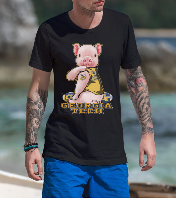 Pig Wearing Georgia Tech Yellow Jackets Mascot Jersey T-Shirt
