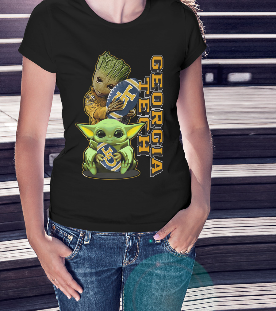 Grzd Georgia Tech Yellow Jackets Groot And Baby Yoda Football T-Shirt