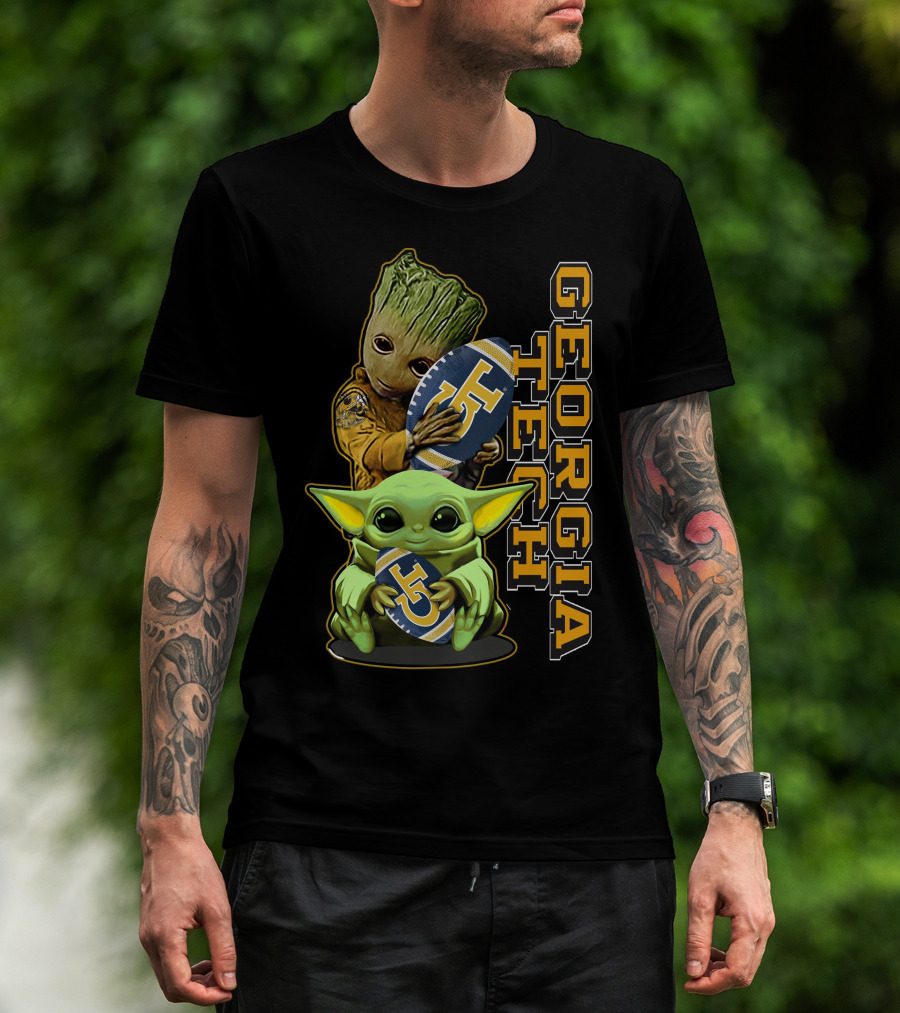 Grzd Georgia Tech Yellow Jackets Groot And Baby Yoda Football T-Shirt