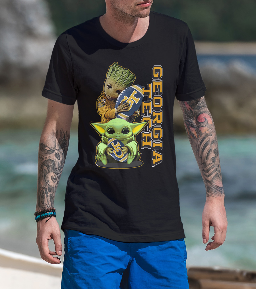 Grzd Georgia Tech Yellow Jackets Groot And Baby Yoda Football T-Shirt