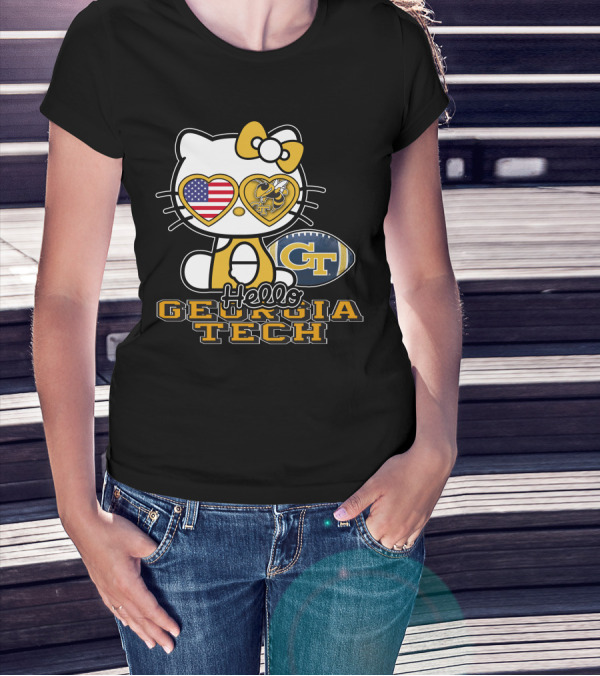 Hello Kitty Georgia Tech Yellow Jackets American Flag Football T-Shirt