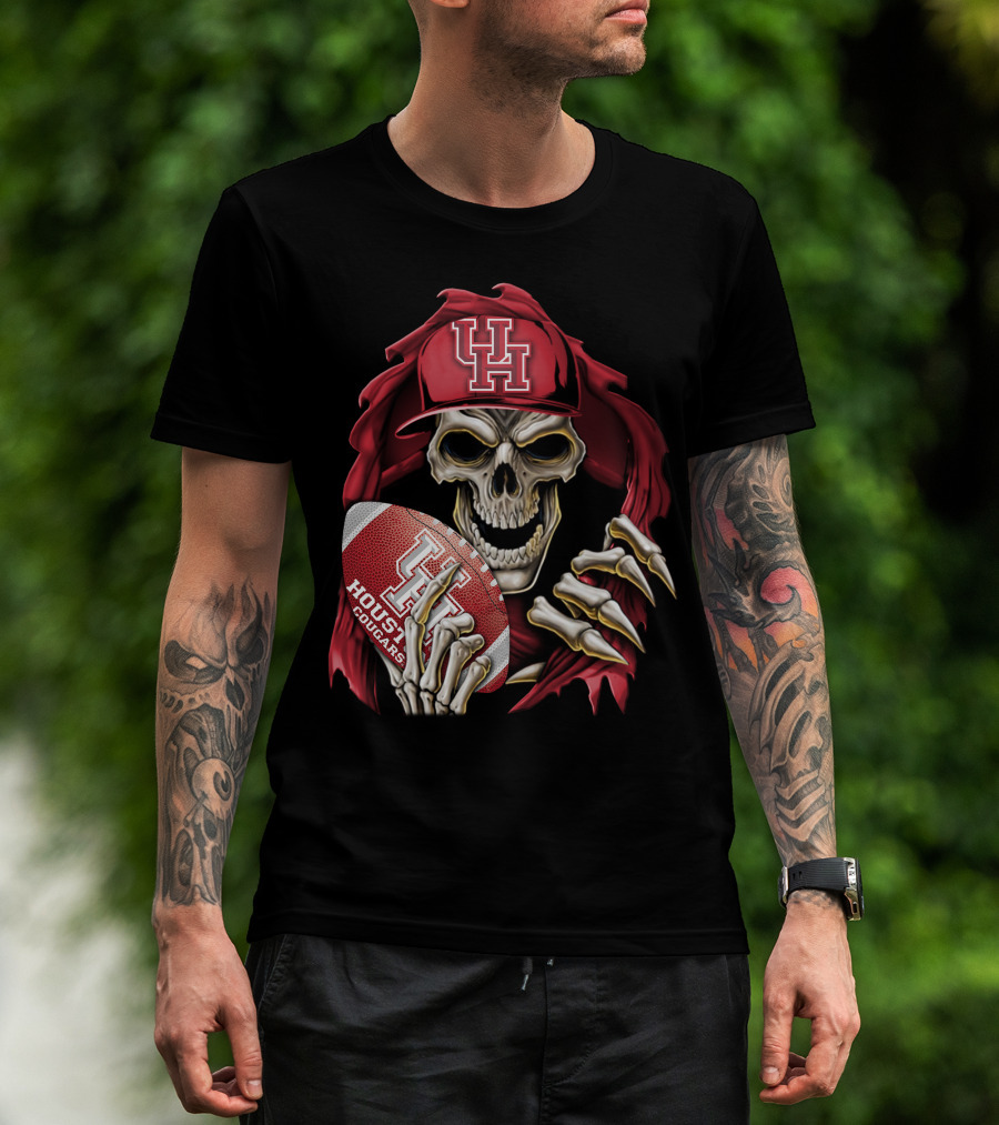 Skullbong Houston Cougars Skeleton Holding Football With UH T-Shirt