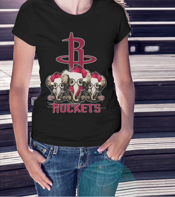 Houston Rockets Xmas Elephants With Santa Hats T-Shirt