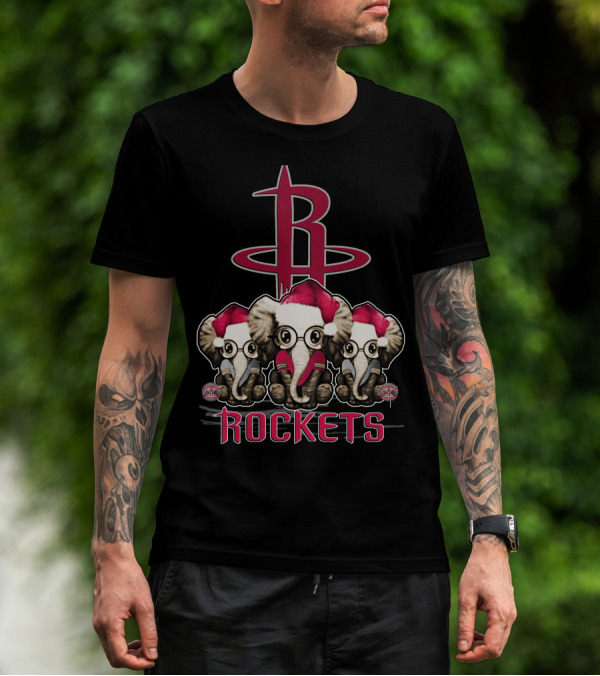 Houston Rockets Xmas Elephants With Santa Hats T-Shirt