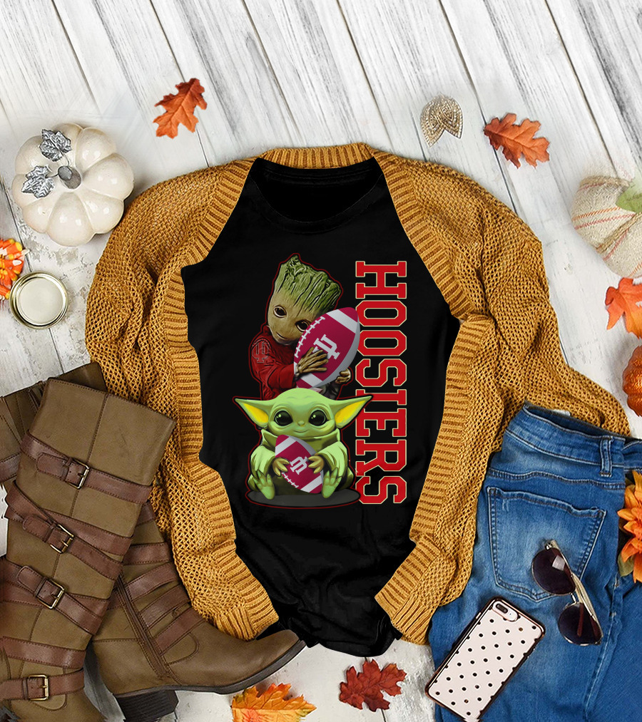 Grzd Indiana Hoosiers Baby Groot and Baby Yoda Football T-Shirt