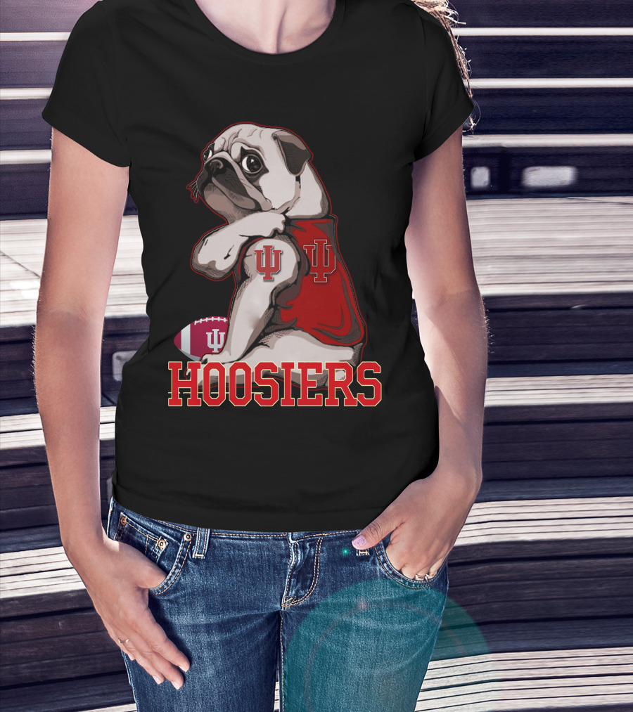 Pug Wearing Indiana Hoosiers Football Jersey With IU T-Shirt