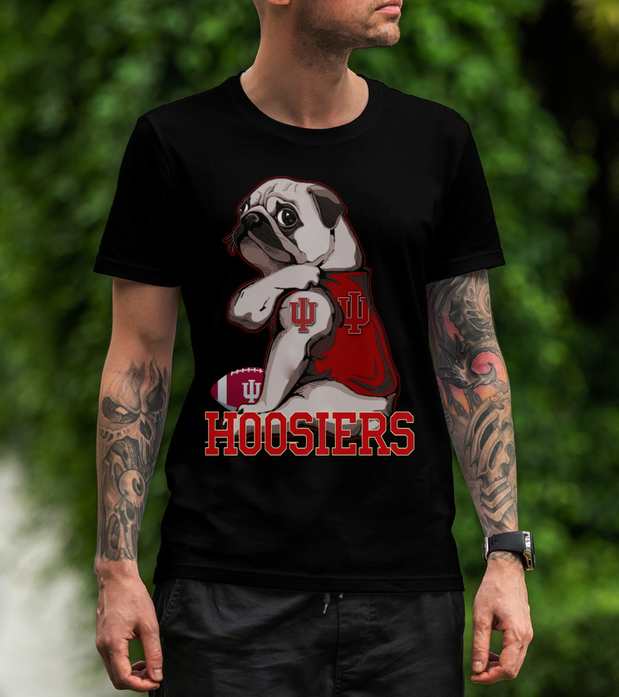 Pug Wearing Indiana Hoosiers Football Jersey With IU T-Shirt