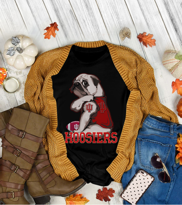 Pug Wearing Indiana Hoosiers Football Jersey With IU T-Shirt