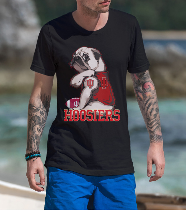 Pug Wearing Indiana Hoosiers Football Jersey With IU T-Shirt