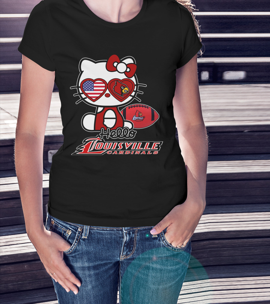 Hello Kitty American Flag Heart Eyes Louisville Cardinals Football T-Shirt