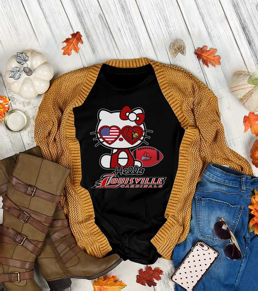 Hello Kitty American Flag Heart Eyes Louisville Cardinals Football T-Shirt