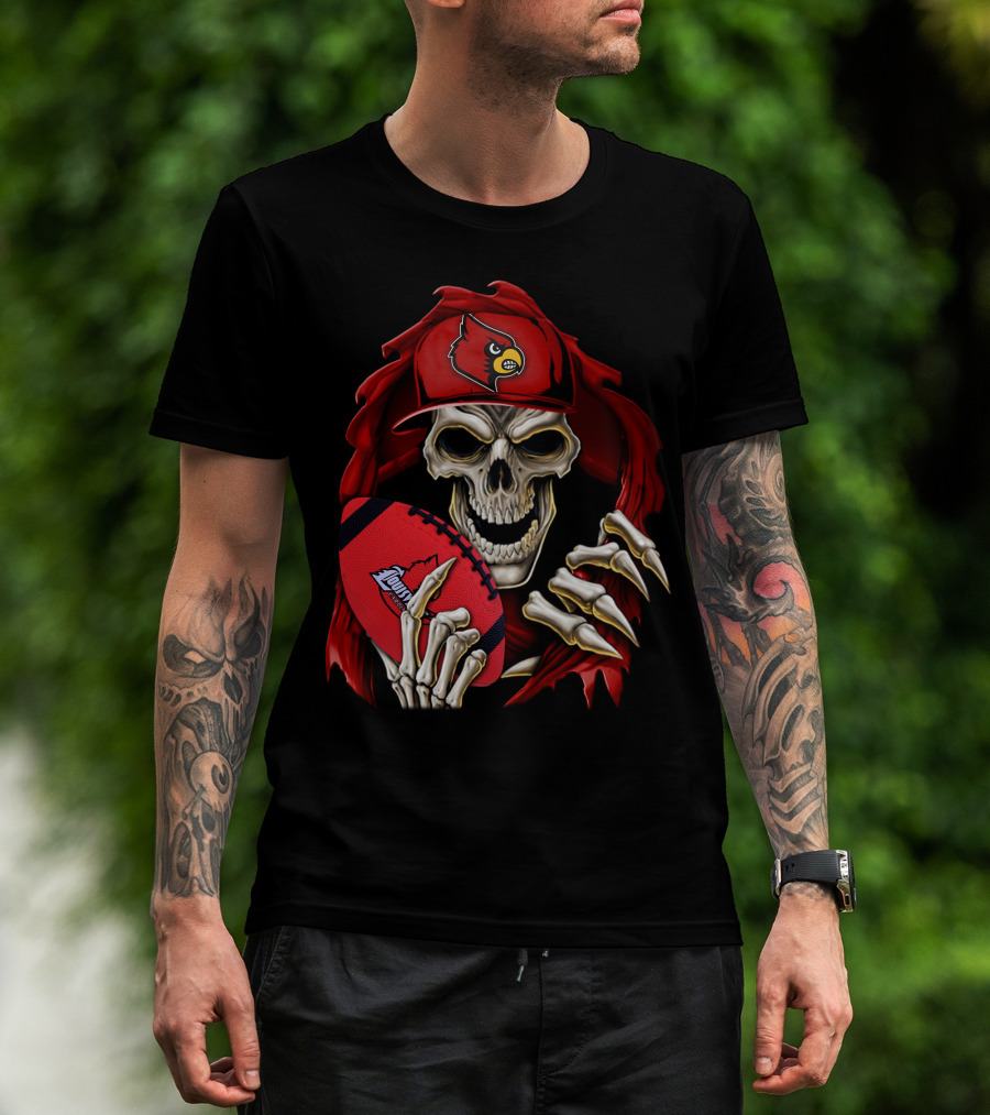 Skullbong Louisville Cardinals Skeleton With Football And Cap T-Shirt