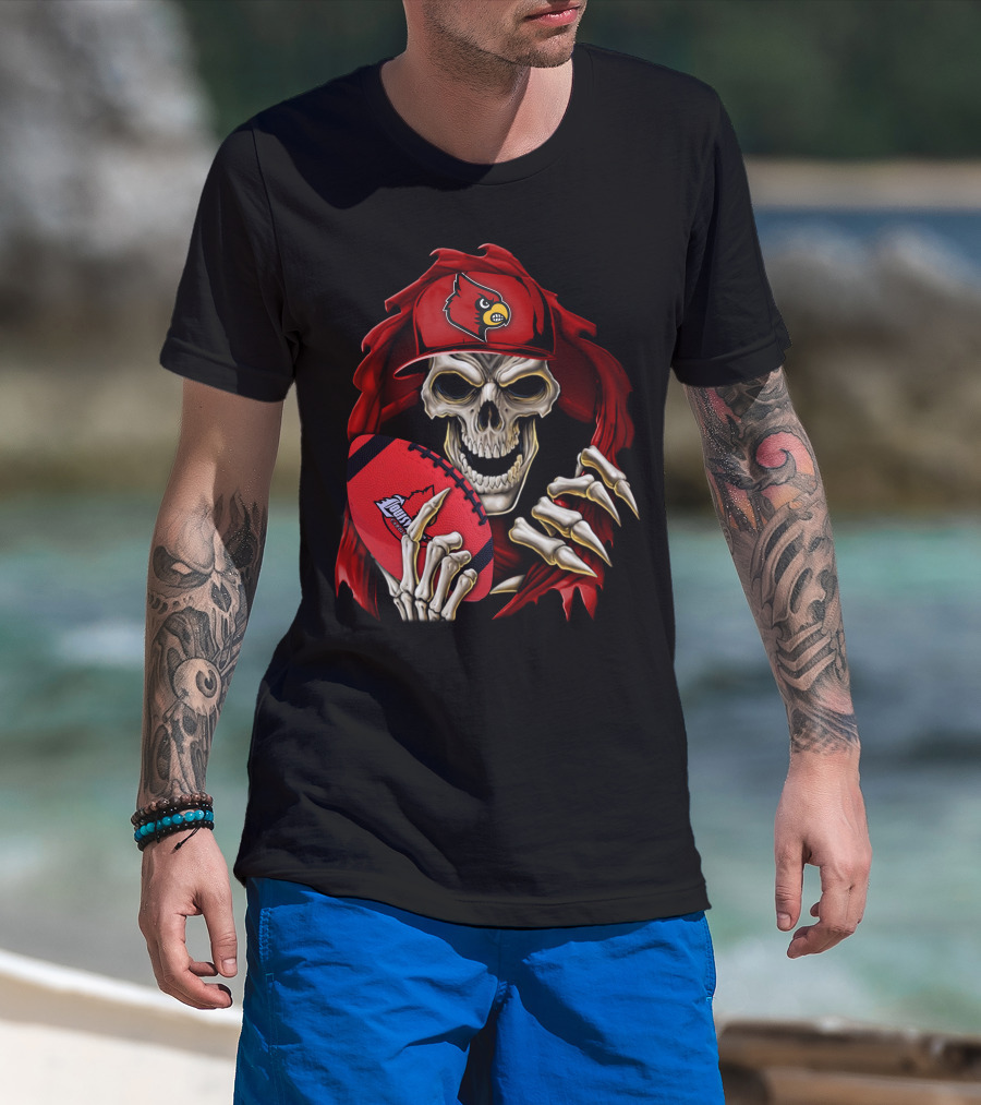 Skullbong Louisville Cardinals Skeleton With Football And Cap T-Shirt