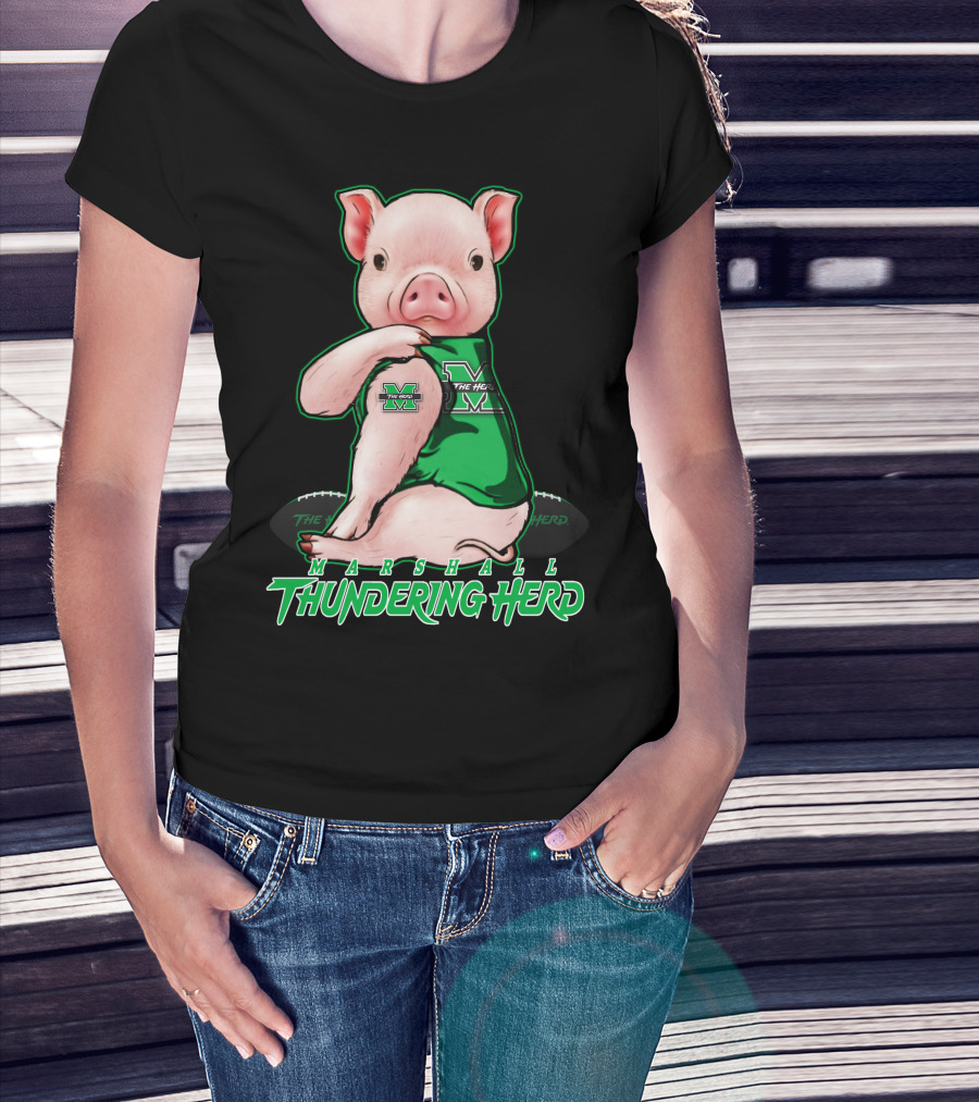 Marshall Thundering Herd Pig In Green Sports Jersey T-Shirt
