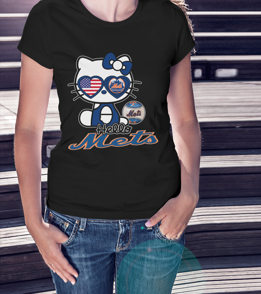 Hello Kitty Mets American Flag Baseball Collaboration T-Shirt