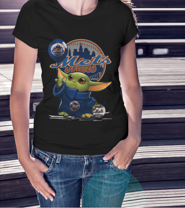 Yoda Mets Star Wars Baseball Fan Art New York Balloon And City Skyline T-Shirt