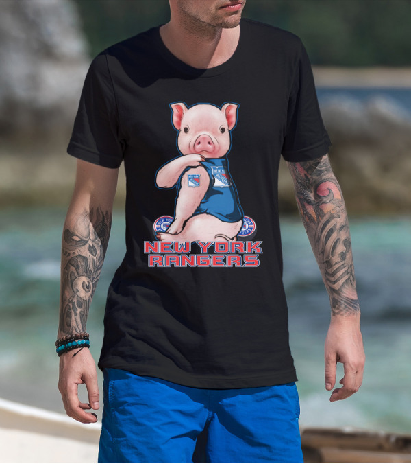Pig Wearing New York Rangers Blue Logo T-Shirt