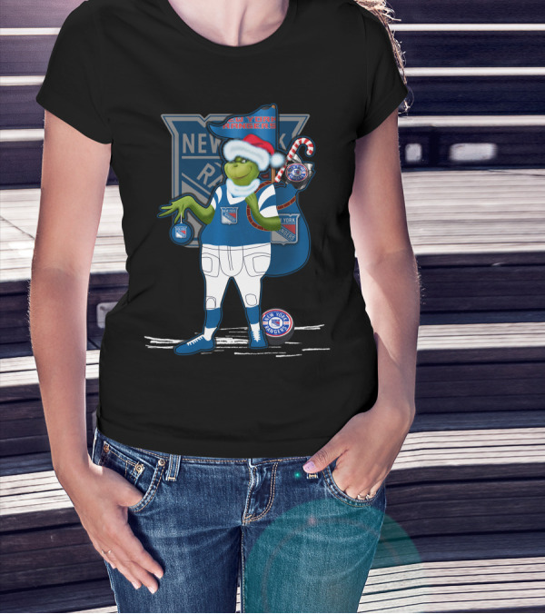 Grinch New York Rangers Christmas Santa Hat Candy Cane T-Shirt