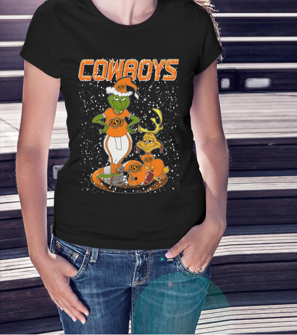 Grinchxmas OSU Cowboys Snowy Holiday Football T-Shirt