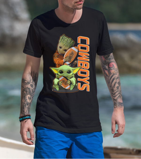 Grzd Oklahoma State Cowboys Groot Baby Yoda Football T-Shirt