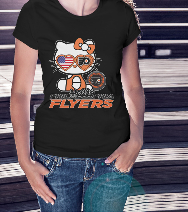Hello Kitty Philadelphia Flyers American Flag Heart Glasses T-Shirt