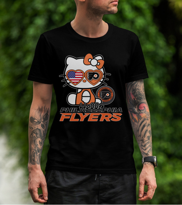 Hello Kitty Philadelphia Flyers American Flag Heart Glasses T-Shirt