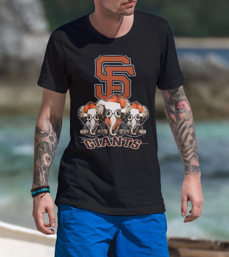 San Francisco Giants Christmas Elephants With Santa Hats T-Shirt