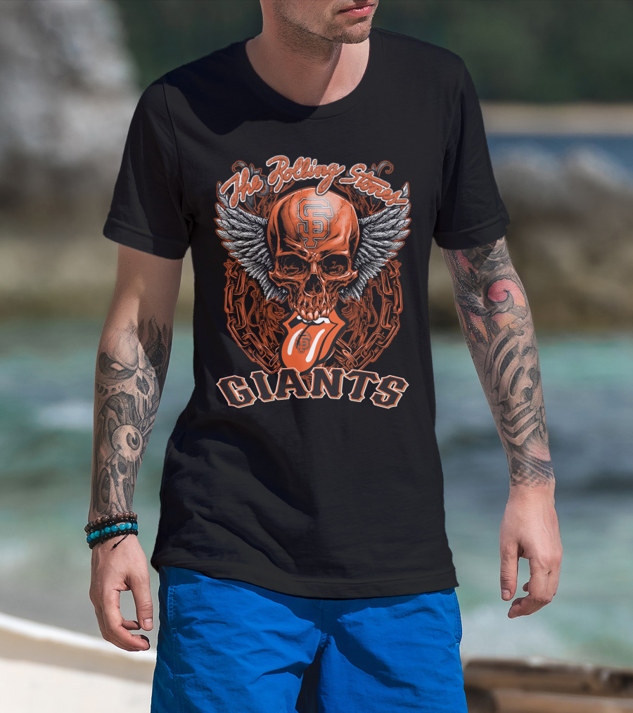 The Rolling Stones San Francisco Giants Skull And Tongue Logo With Wings And Chains T-Shirt